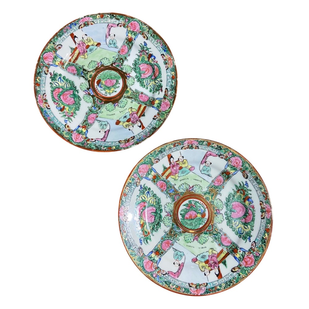 Vintage TFF Japanese Porcelain Rose Medallion 8" Plates Hong Kong Set of 2
